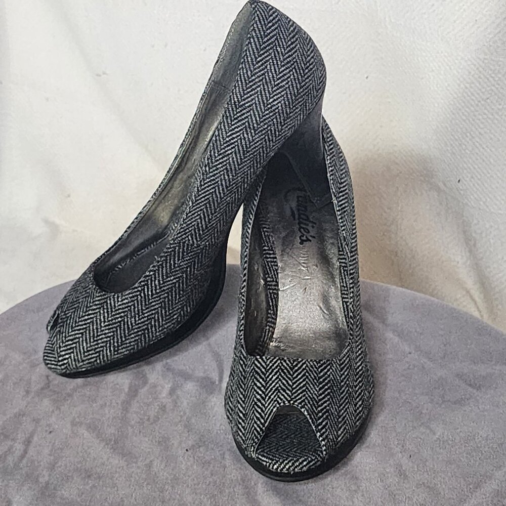 Candie's Grey Black Tweed SeeMe 3" Peep Toe Non Slick Sole Dress Pumps Size 7M - Picture 2 of 16